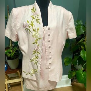 Vintage Donna Morgan Two Piece Linen Skirt Suit with Embroidered Flowers